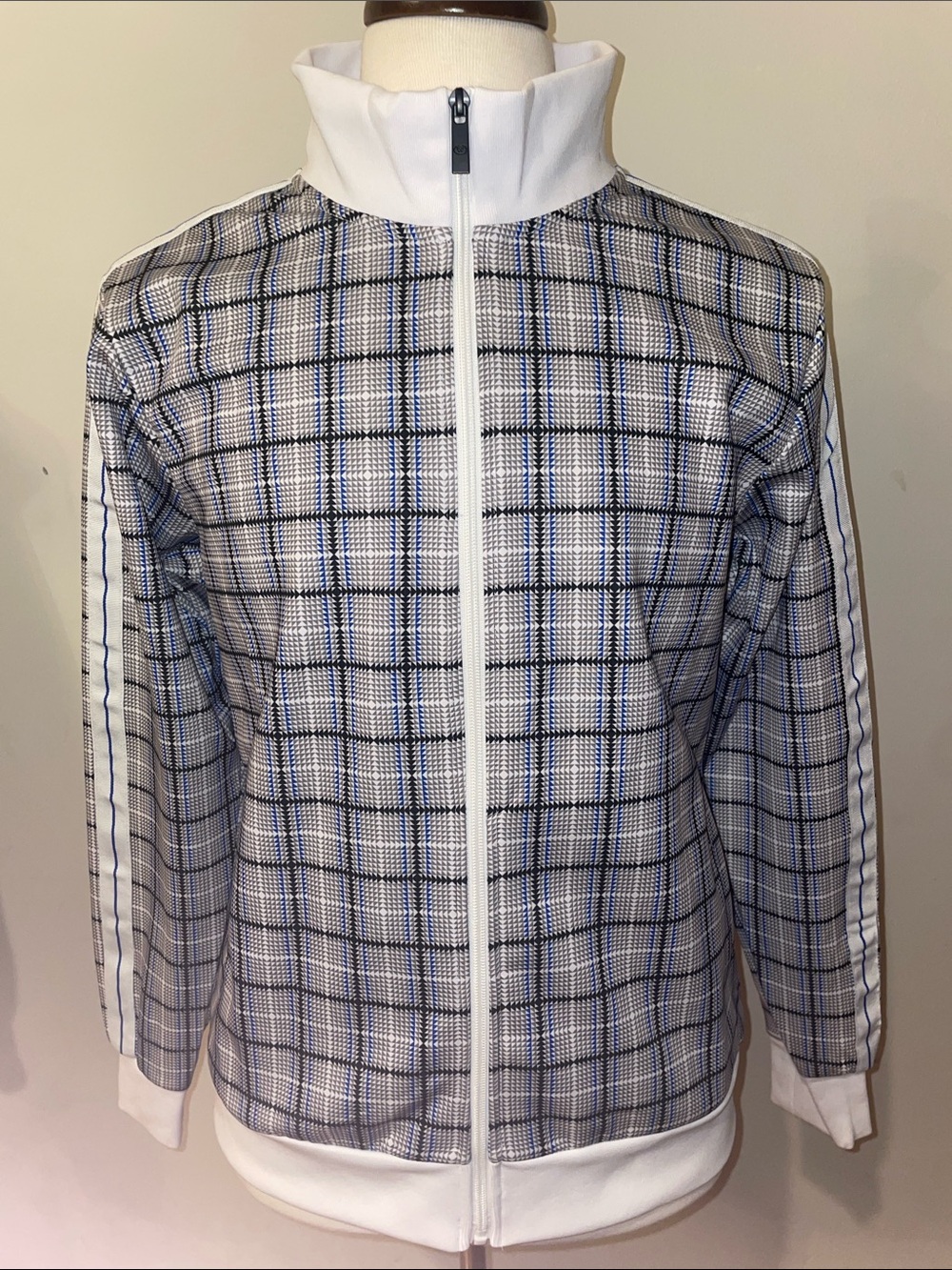 W Jian Wang Full Zip Track Jacket in White, Black & Blue Size Medium Like new